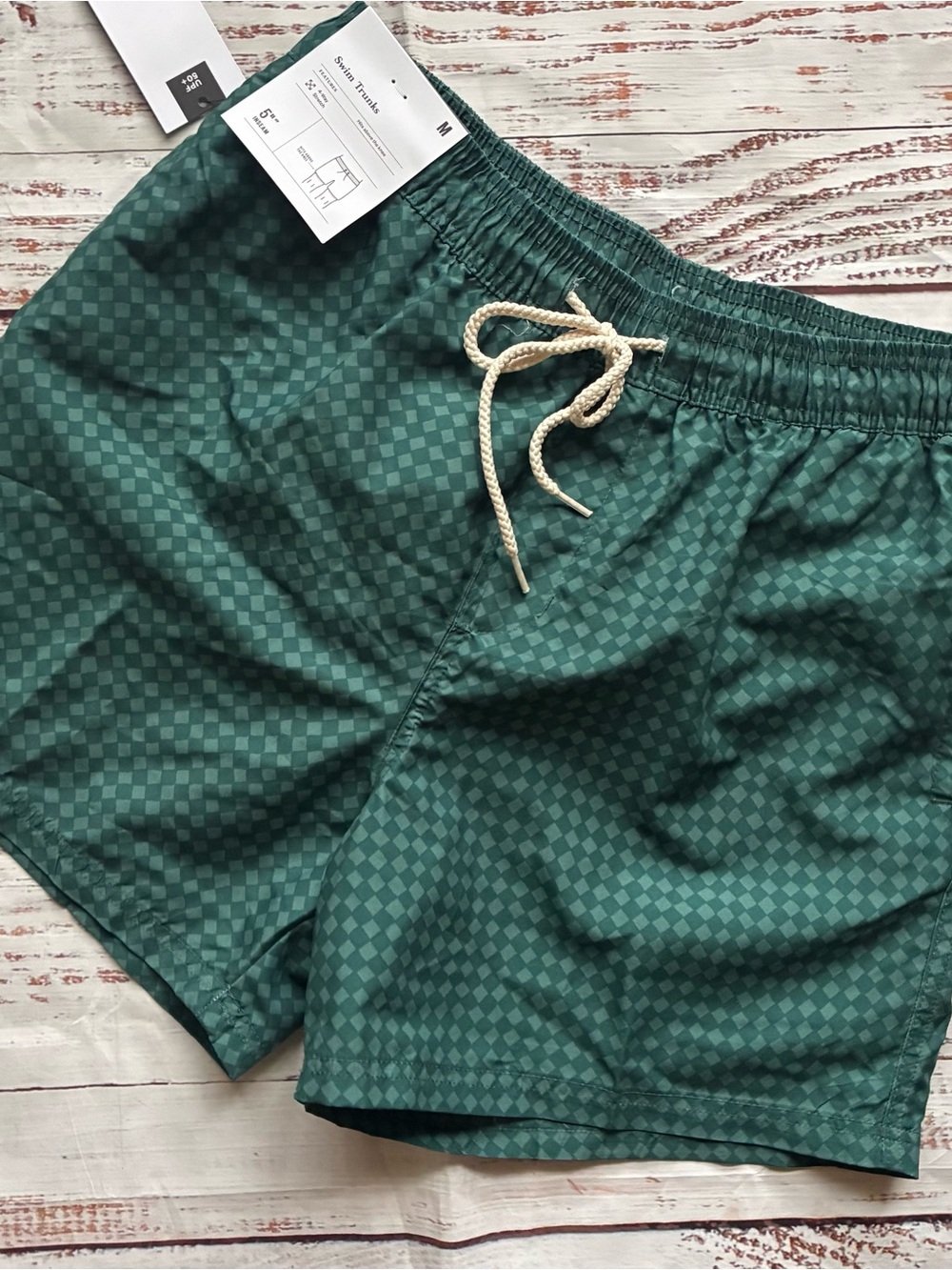 Men’s Green Checkered Swim Trunks with Drawstring Size Medium